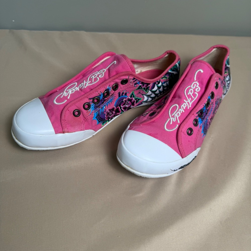Ed Hardy Vintage Y2K Pink Skull Floral Tattoo Sneakers Womens Size 8 Low Top
